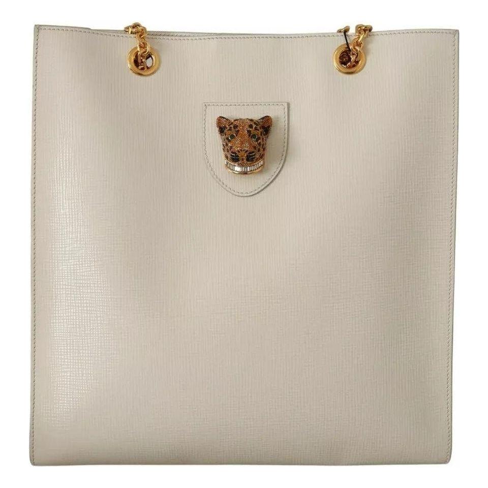 Luxour, Dolce & Gabbana White Crystal Leopard Head Leather JUNGLE Tote Bag, 