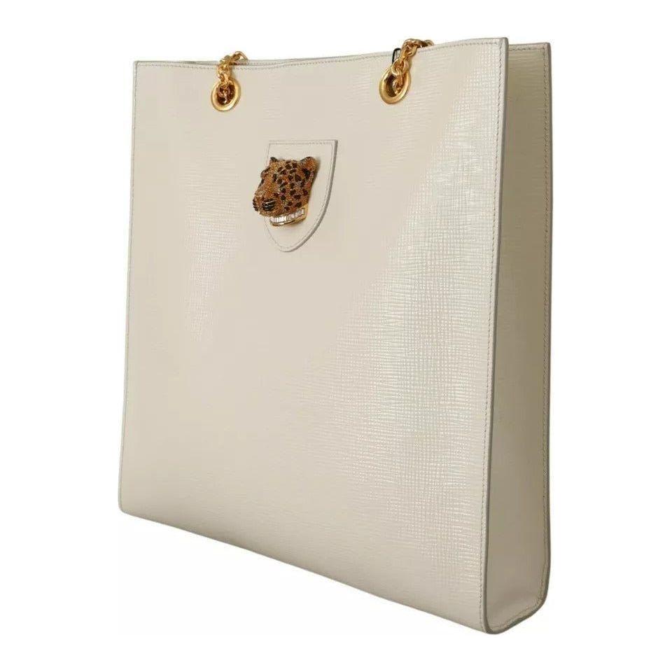 Luxour, Dolce & Gabbana White Crystal Leopard Head Leather JUNGLE Tote Bag, 