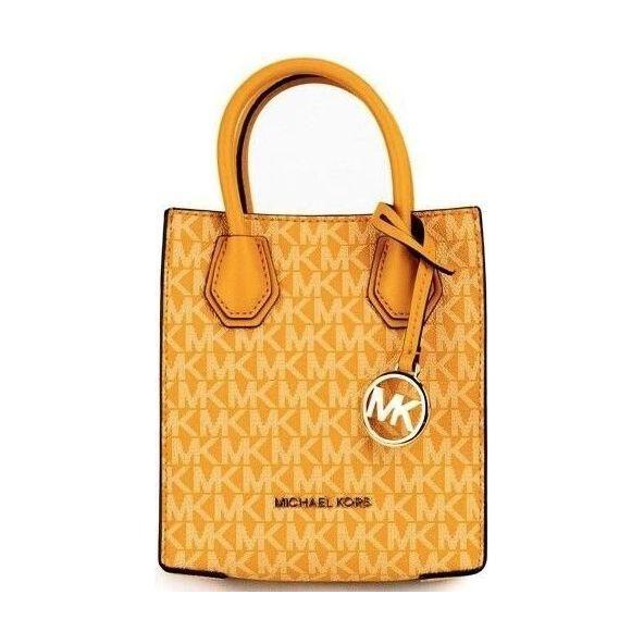 Luxour, Michael Kors Mercer XS Honeycomb Gold Signature PVC North South Shopper Crossbody Bag, 