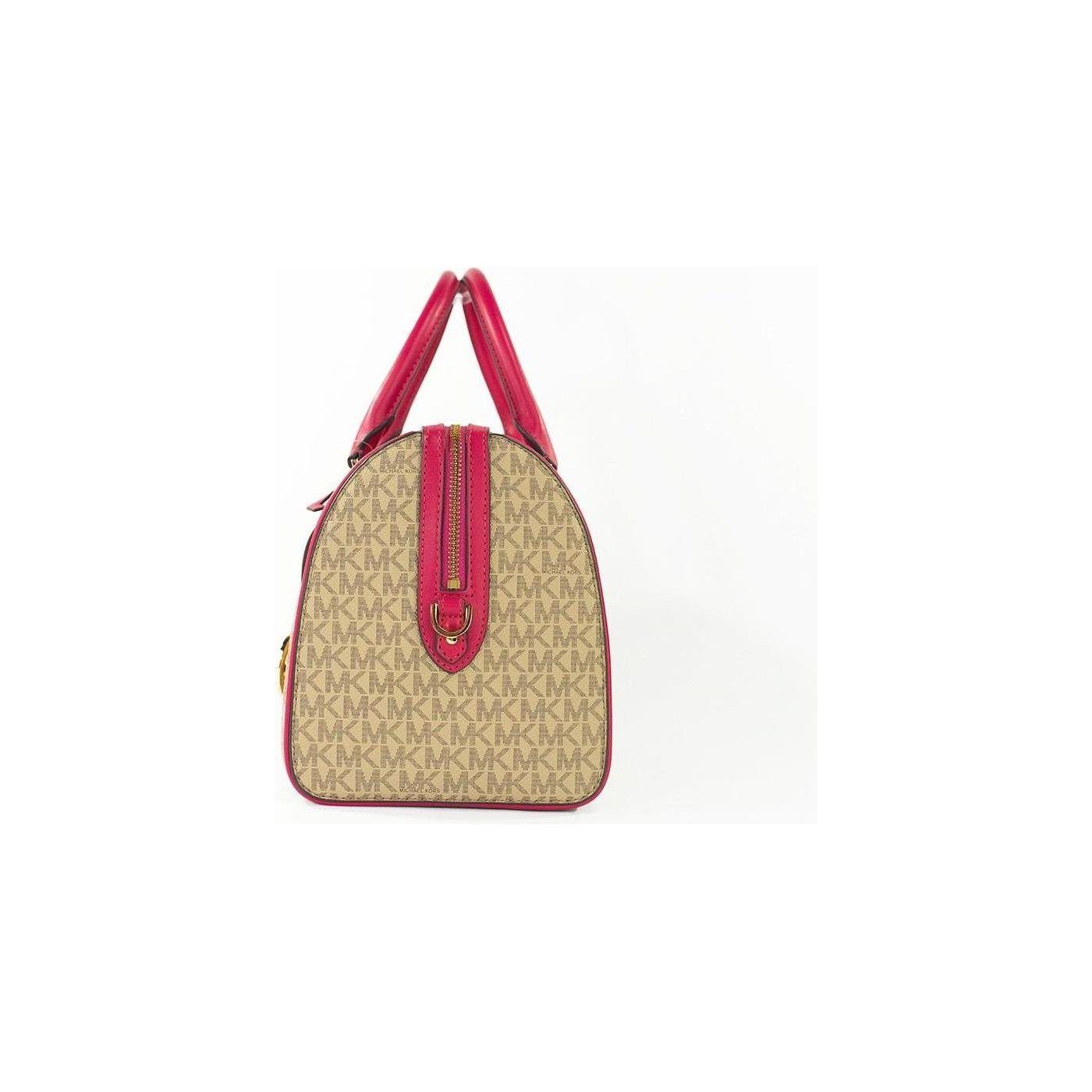 Luxour, Michael Kors Travel Medium Carmine Pink Signature PVC Duffle Crossbody Bag Purse, 