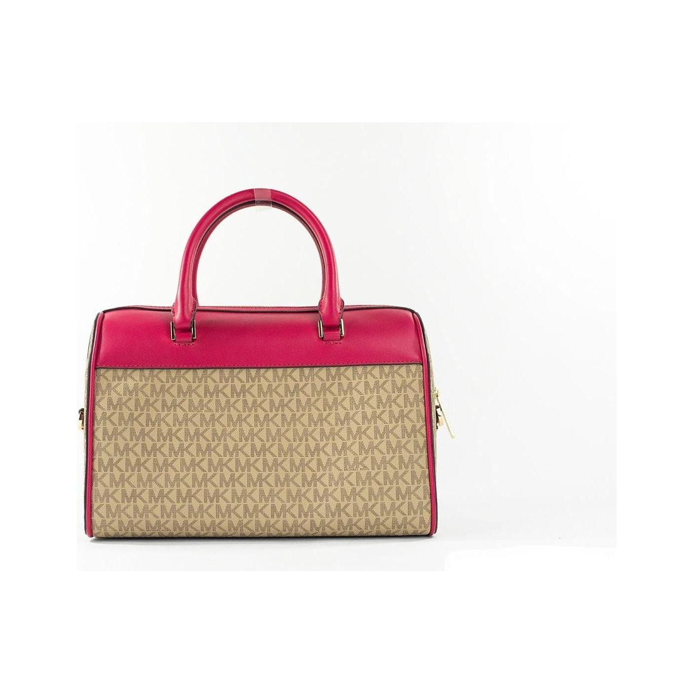 Luxour, Michael Kors Travel Medium Carmine Pink Signature PVC Duffle Crossbody Bag Purse, 
