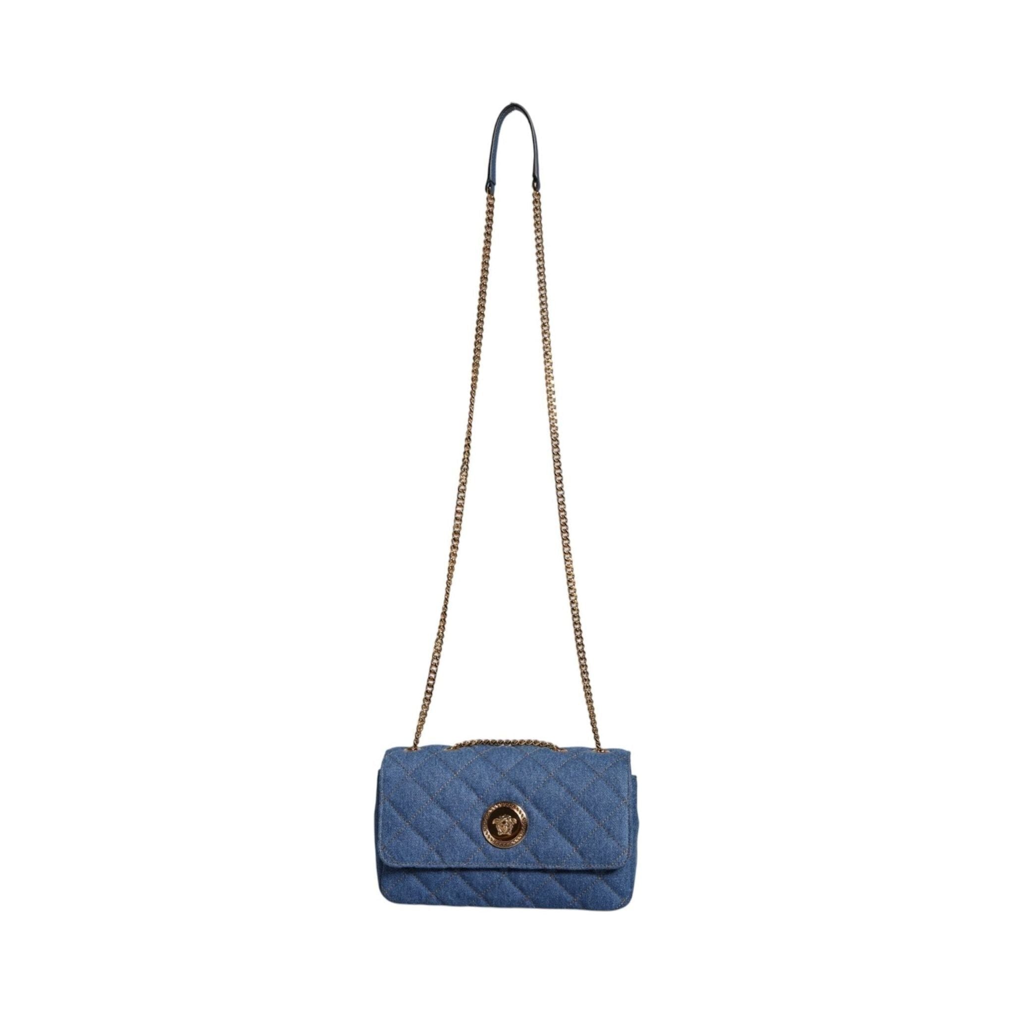 Luxour, Versace Blue Quilted Denim Leather Crossbody Shoulder Bag, 